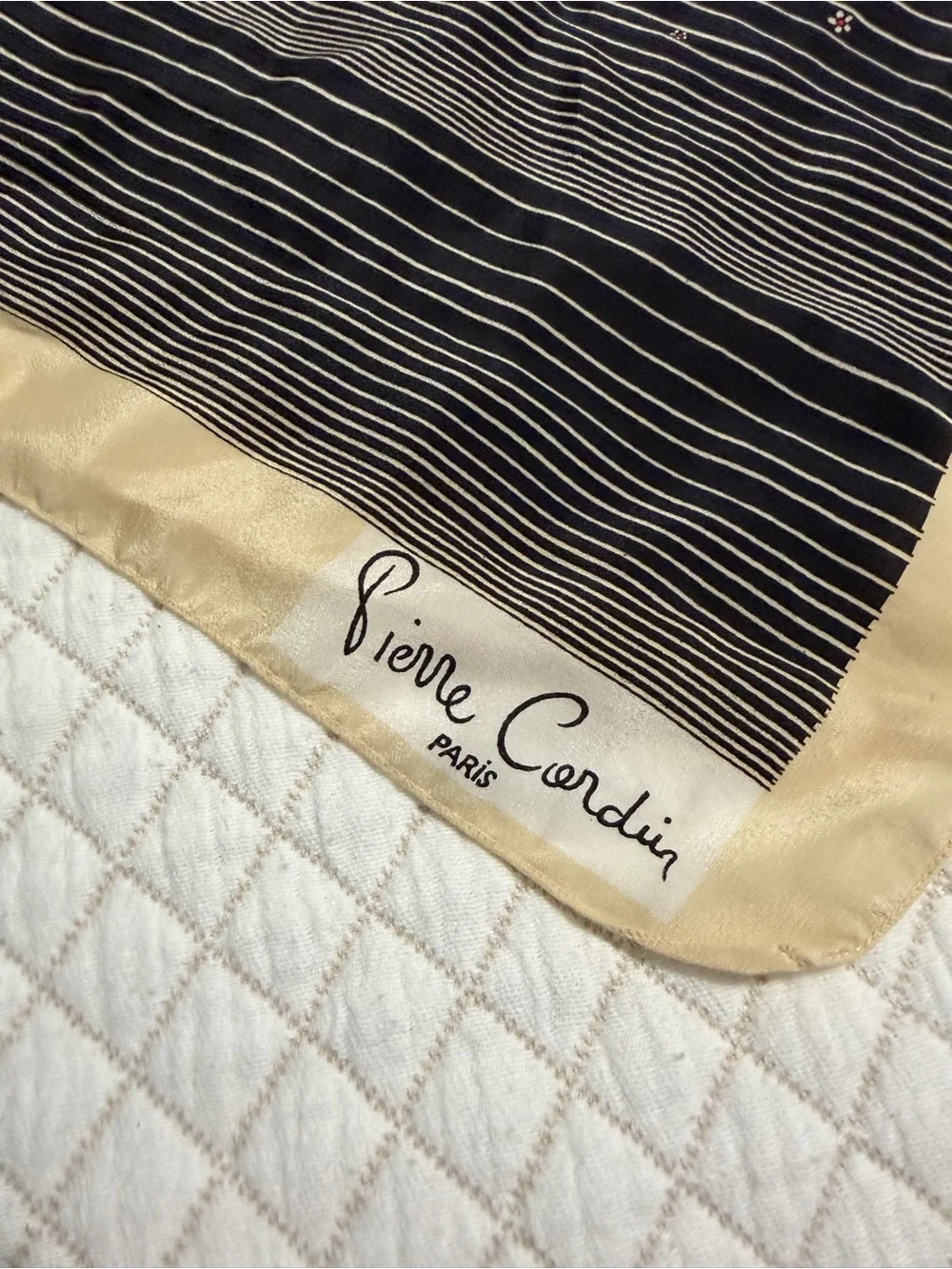 Vintage Pierre Cardin Paris Silk Scarf Black Beige Floral Striped Square 30